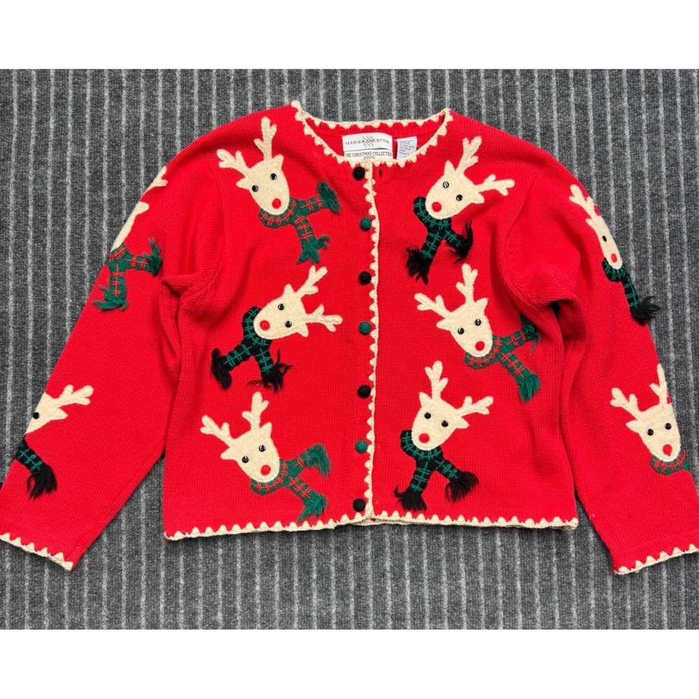 Marisa Christina Womens Cardigan XL Red Reindeer Vintage 2000 Christmas Sweater
